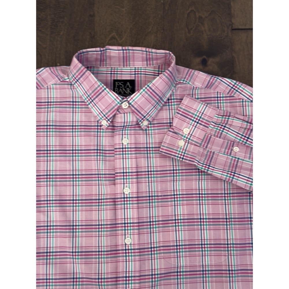 Jos A Bank Travelers Collection Mens Tailored Fit Pink Plaid Button Down Size L